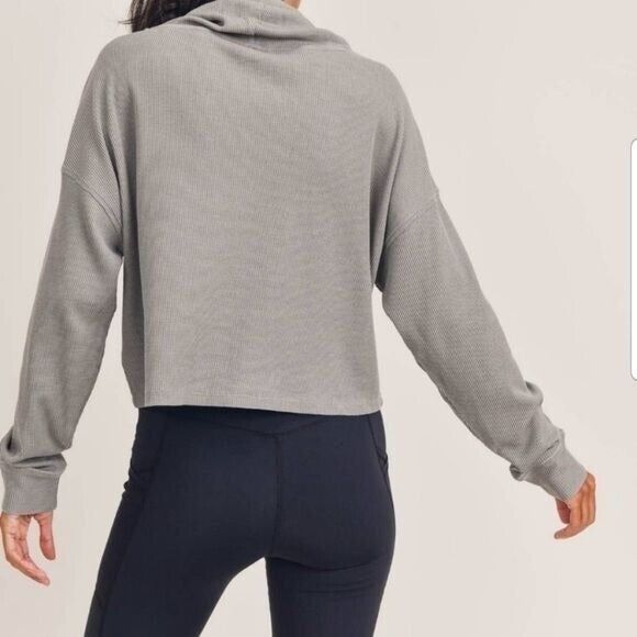 Mono b Gray Waffle Cowl Funnel Neck Lounge Activewear Cropped Pullover Sz S - Picture 3 of 8